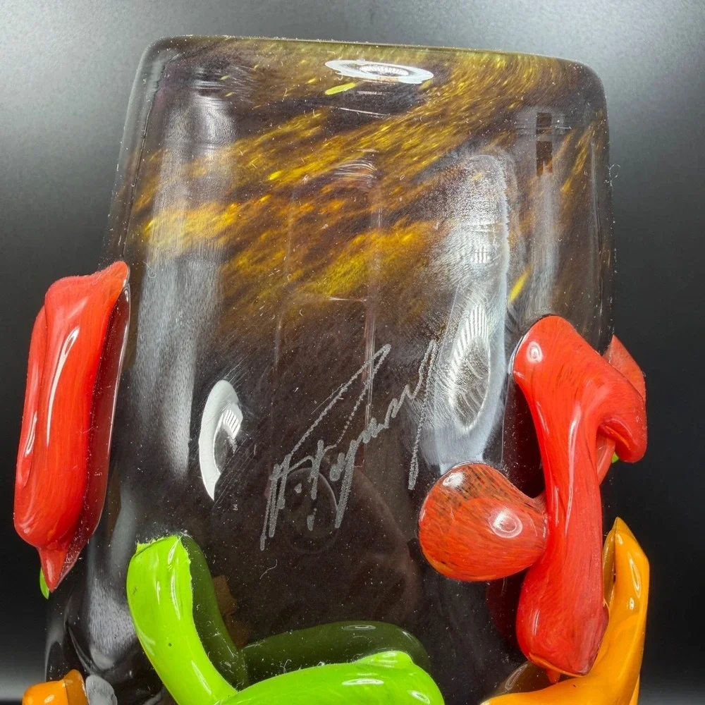Mihai‎ Topescu Glass Vase 12inch Heavy Applied Ribbon Colorful Modern Decor
